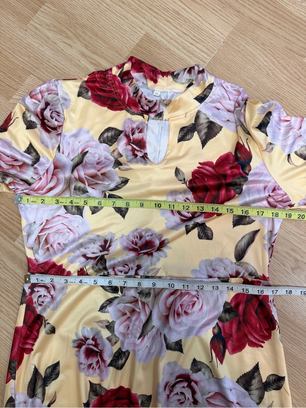 Floral Maxi Dress XL Yellow Pink Rose Print Empire Waist Keyhole Neck - Picture 3 of 6